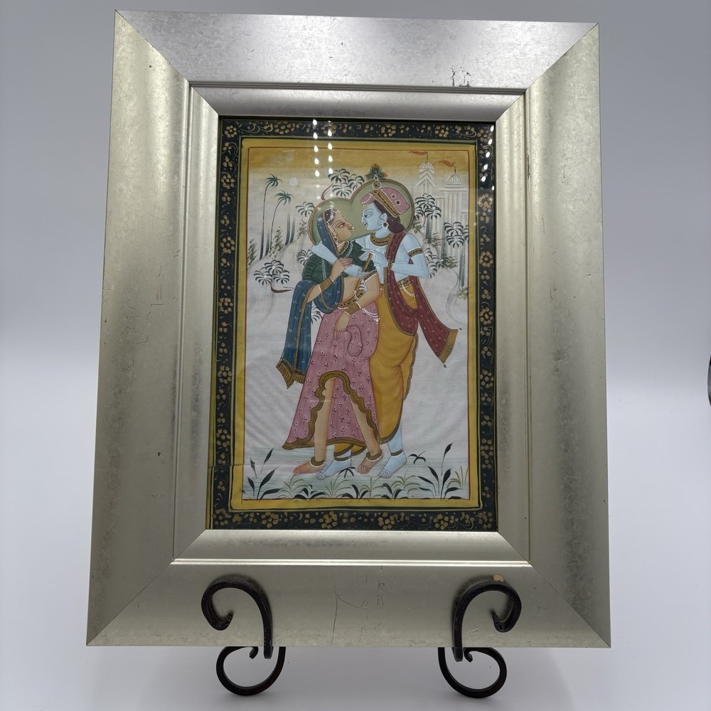 East Indian‎ Painting Of Radha And Krishna Hinduism Art On Silk Framed